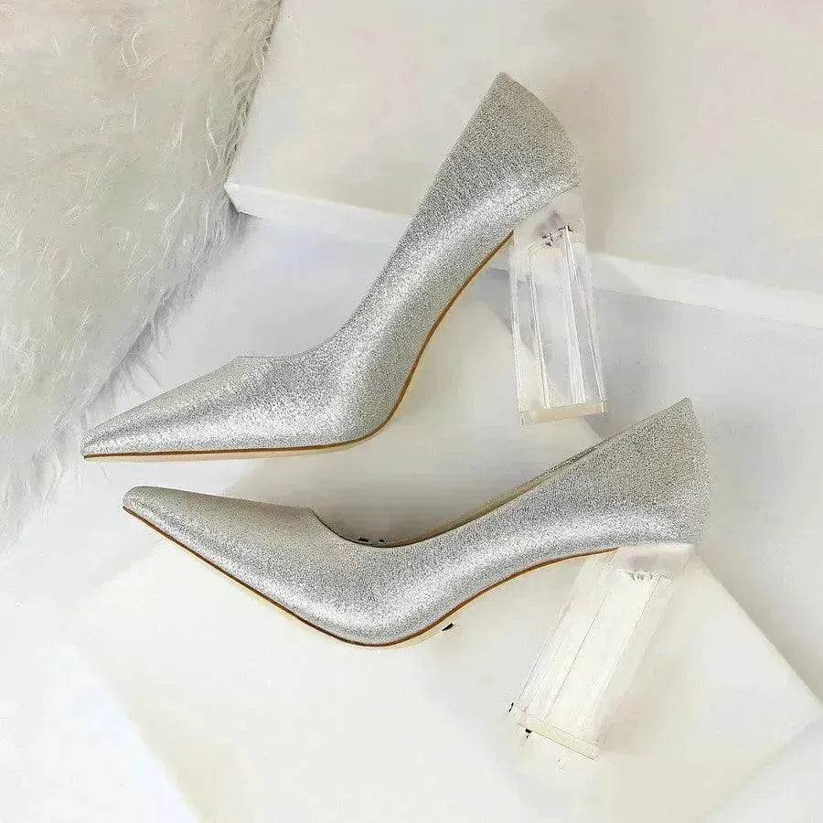 Womens Pumps Shoes Stiletto Satin  Transparent Block High Heels - www.Shopthatapp.com