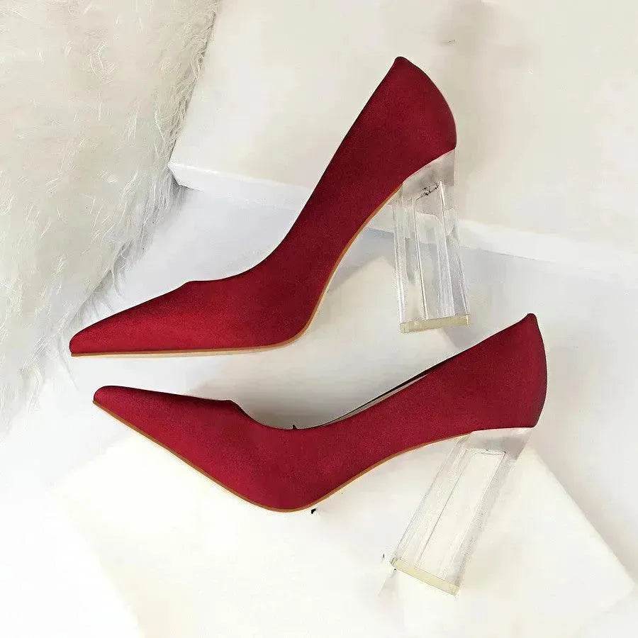 Womens Pumps Shoes Stiletto Satin  Transparent Block High Heels - www.Shopthatapp.com