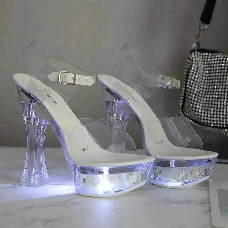 Womens Shiny Sandals Party Shoes Transparent Flowers High Heels - www.Shopthatapp.com