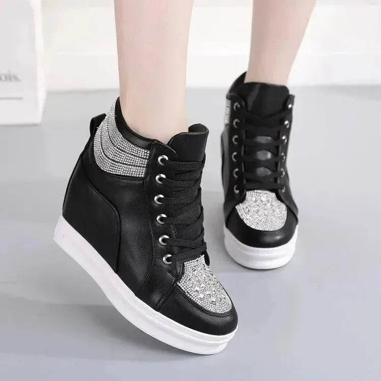 Womens Sneakers Shoes High Top Wedge Platform Heels Rhinestone - www.Shopthatapp.com