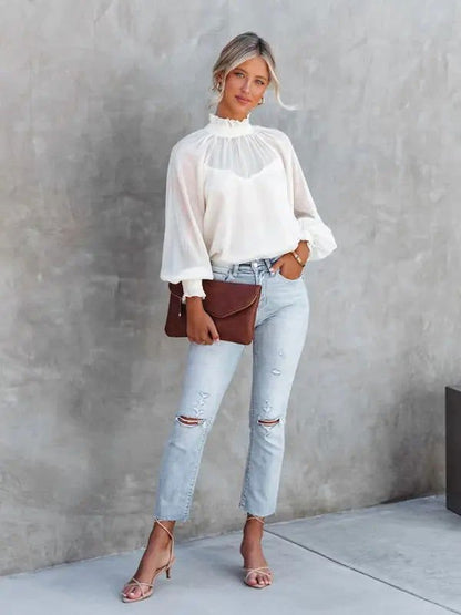 Women's Solid Color Mock Neck Lantern Sleeve Blouse - www.Shopthatapp.com