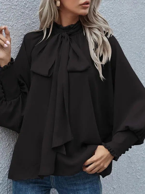 Women's Solid Color Puff Sleeve Bow Tie Blouse - www.Shopthatapp.com