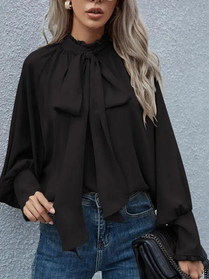 Women's Solid Color Puff Sleeve Bow Tie Blouse - www.Shopthatapp.com
