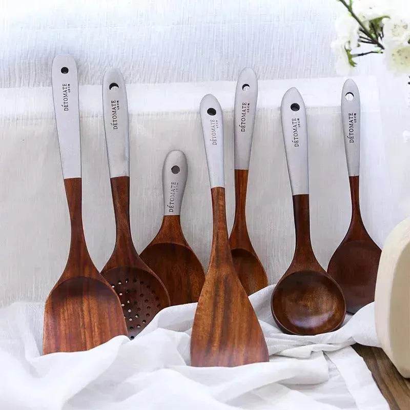 Wooden Kitchen Utensils Set Appliances Special Non-stick Set Pure Natural Teak Solid Wood Long Handle Shovel Tools - www.Shopthatapp.com