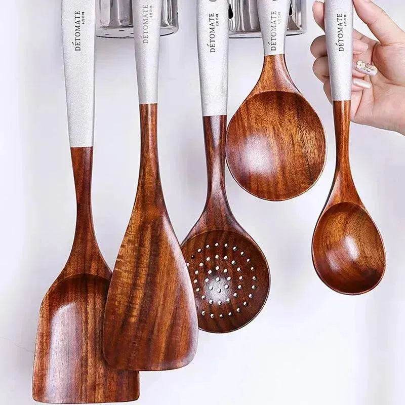 Wooden Kitchen Utensils Set Appliances Special Non-stick Set Pure Natural Teak Solid Wood Long Handle Shovel Tools - www.Shopthatapp.com