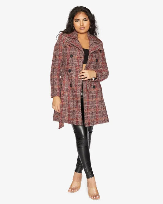 Manteau militaire croisé à carreaux en laine mélangée