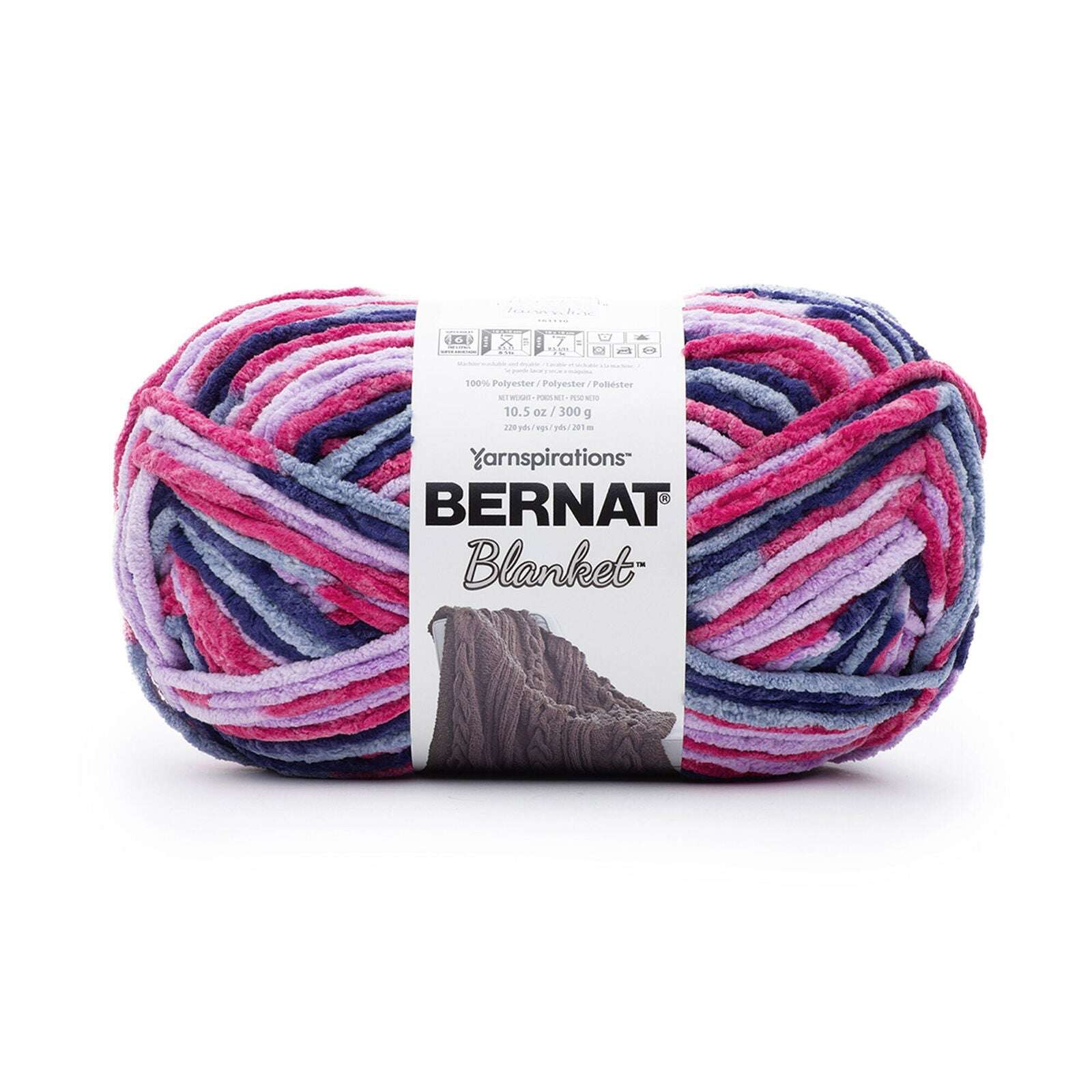 Bernat Blanket Yarn Canada in a vibrant mix of pink, purple, and navy shades for cozy crochet projects