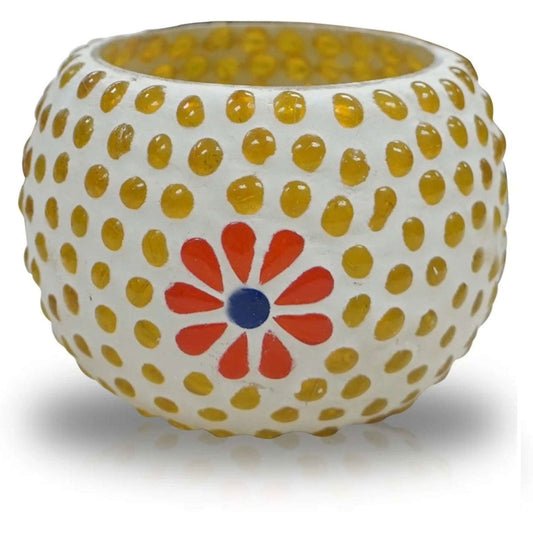 iDekor8 yellow dot candle holder sale featuring vibrant polka dots and a floral design